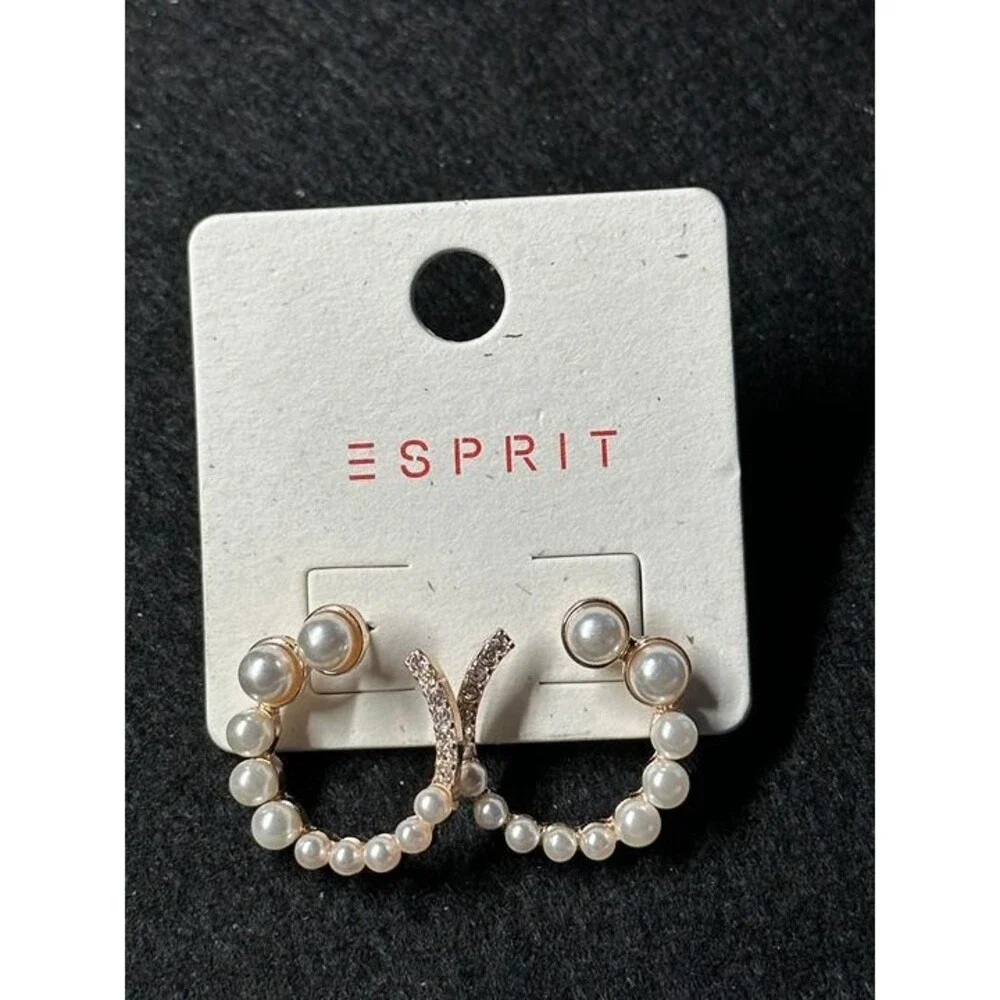 ESPRIT Gold Tone Pearl Rhinestone Hoop Earrings Crescent Style Boho New Pair